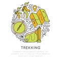 Hiking and trekking icon hand draw vector concept in round form. Travel climbing and camping, tracking outroor Royalty Free Stock Photo