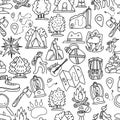 Hiking and trekking travel seamless pattern. Endless repeatable background with cartooning traveling elements about