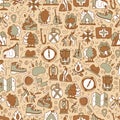 Hiking and trekking travel seamless pattern. Endless repeatable background with cartooning traveling elements about