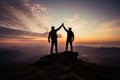 Hiking triumph, Silhouetted hands raised in teamworks victorious celebration on mountain