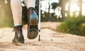 Hiking, walking and active feet closeup of an outdoors hike, walk and adventure on a mountain trail. Relaxing, freedom Royalty Free Stock Photo