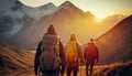 Hiking in the wilderness, A group of hikers discovering the beauty of the mountains at sunset, Generative AI Royalty Free Stock Photo