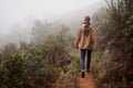 Hiking, winter or fitness woman walking in nature for travel, wellness or morning outdoor. Path, trekking or back of Royalty Free Stock Photo