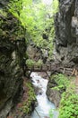 Hiking through the Wolfsklamm gorge on stairs. European Alps. Pa