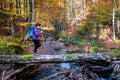 Hiking woman with backpack in autumn forest Royalty Free Stock Photo
