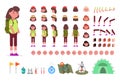 Hiking woman kit, animation set of female tourist with camping equipment with different types of faces, haircuts,