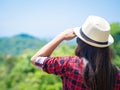 Hiking woman looking at inspirational mountains landscape. Royalty Free Stock Photo