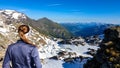 Hiking woman with a scenic view on the mountains of High Tauern Alps in Carinthia and Salzburg, Austria, Europe. Glacier lakes of