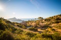 Hiking near La Trapa monastery with Sa Dragonera island in background, Serra de Tramuntana, Mallorca, Spain