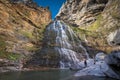 Hikker womann looking at Horsetail waterfall in Ordesa national