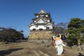 Hikone Castle and mascot Hikonyan in Hikone, Japan