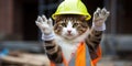 Hilarious cat wearing hard hat and safety vest pretending to be construction worker on job site , concept of Silly Royalty Free Stock Photo