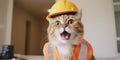 Hilarious cat wearing hard hat and safety vest pretending to be construction worker on job site , concept of Silly Royalty Free Stock Photo