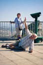 Hilarious senior man tourist on Gibraltar Rock Royalty Free Stock Photo