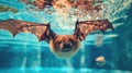 Hilarious underwater scene bat in pool plays deep dive action, Ai Generated