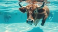 Hilarious underwater scene ox in pool plays deep dive action, Ai Generated