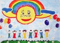 ÃÂ¡hild`s drawing. Children together holding hands. Royalty Free Stock Photo