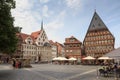 Buildings Roland House, Bakers Guild Hall and Butchers Guild Hall at Market Place with Fountain Rolandbrunnen in Hildesheim