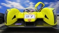 Old yellow race car with full aerodynamic fairing and gullwing doors