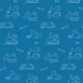 hildish pattern with cute trucks and transport hand drawn icons on blue background.
