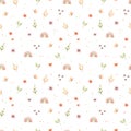 ÃÂ¡hildren`s watercolor seamless pattern. Floral and colorful polka dot background. Design of flowers, rainbow, circles and