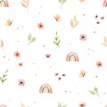 Kids watercolor seamless pattern. Floral and colorful polka dot background. Design of flowers, rainbow, circles and Royalty Free Stock Photo