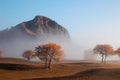 Hill and autumn trees in a foggy morning Royalty Free Stock Photo