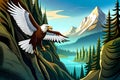 On a hill cliff, an eagle comes out of its nest while flapping its wings to pounce on its prey around the mountains and rivers.