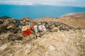 Hill climb of donkey in Jordan mountains against the background of the Dead Sea Royalty Free Stock Photo