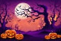 A hill on the dark night, a dry tree, halloween pumpkins and flying bats, computer illustration. Royalty Free Stock Photo