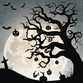 A hill on the dark night, a dry tree, halloween pumpkins and flying bats, computer illustration. Royalty Free Stock Photo