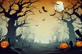 A hill on the dark night, a dry tree, halloween pumpkins and flying bats, computer illustration. Royalty Free Stock Photo
