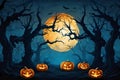 A hill on the dark night, a dry tree, halloween pumpkins and flying bats, computer illustration. Royalty Free Stock Photo