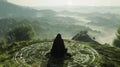 On a hill overlooking a vast landscape a cloaked figure sits in deep meditation. Surrounding them are elaborate arrays