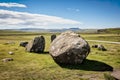 hill pasture adorned with large boulders against the backdrop of a clear blue sky.