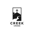 Hill and river creek with holy christian cross logo, church of Catholic in nature landscape illustration Royalty Free Stock Photo