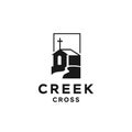 Hill and river creek with holy christian cross logo, church of Catholic in nature landscape illustration Royalty Free Stock Photo