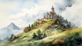 Hill Of Russia: Watercolor Illustration Of A Castle On A Hill