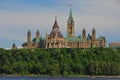 Magnificent Centre Block building complex on Parliament Hill from across the Ottawa River from Gatineau on a fine day