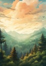 Mountain tree illustration forest background view landscape sky sunset morning nature hill sunrise Royalty Free Stock Photo