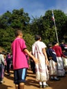 The hill tribe students are standing on courtyard. Their schooll located at the hight mountant in Thailand