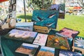 04.18.2023 Hillegom, Netherlands. Paintings with animals and nature sold by Dutch artist at a Hillegom market. Outdoor