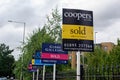 HILLINGDON, LONDON, ENGLAND - 14 August 2021: Sold signs outside block of flats