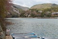 hills, boats and river (hozu-gawa) in kyoto (japan)