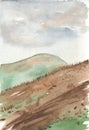 Watercolor mountain landscape with hills, grass, dirt bike stones Royalty Free Stock Photo
