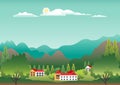 Hills landscape in flat style design. Valley background. Beautiful green fields, meadow, mountains and blue sky. Rural location in