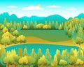 Hills landscape in flat style design. Valley with lake background. Beautiful green fields, meadow, mountains and blue sky. Rural Royalty Free Stock Photo