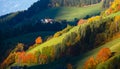Hills. Light and shadow. Autumn morning mountain village environs with grassy hills, small groves in first sun light, deep shadows Royalty Free Stock Photo