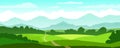Hills mountain horizon. Vector illustration. The road, the village. Rural countryside. Blue sky with white clouds. View of the pla Royalty Free Stock Photo