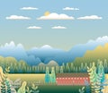 Hills and mountains landscape with house farm in flat style design. Forest in valley illustration. Beautiful green fields, meadow Royalty Free Stock Photo